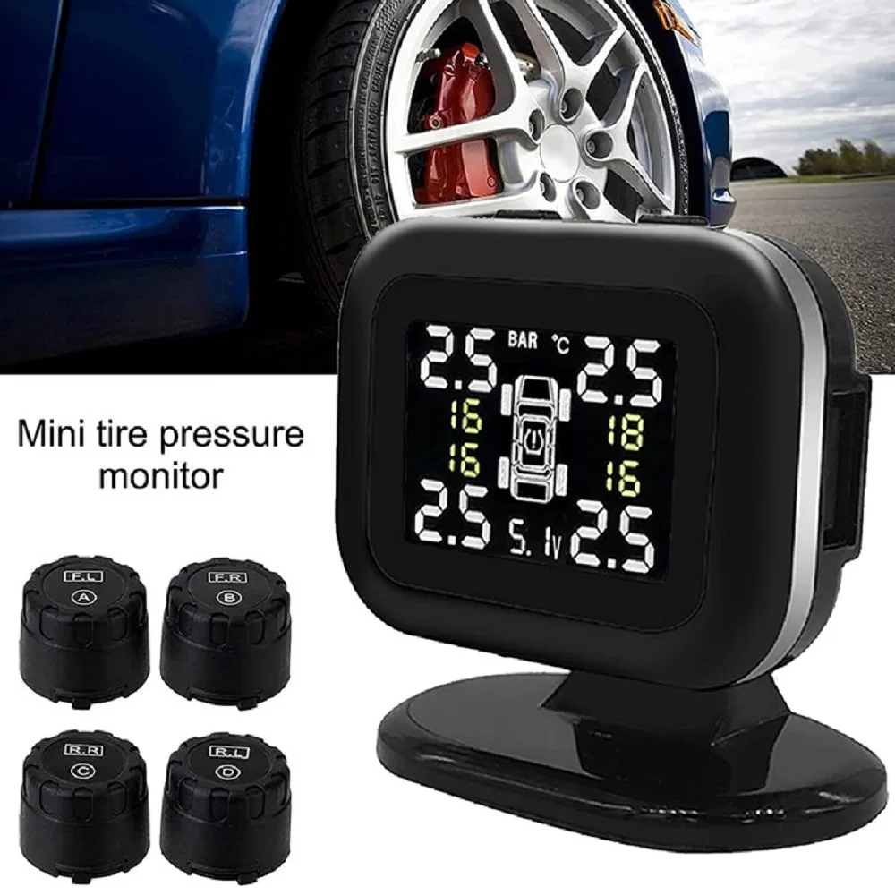 

Smart Car TPMS Tire Pressure Monitoring System Digital TMPS LCD Display USB Auto Security Alarm 4 External Tire Pressure Sensor