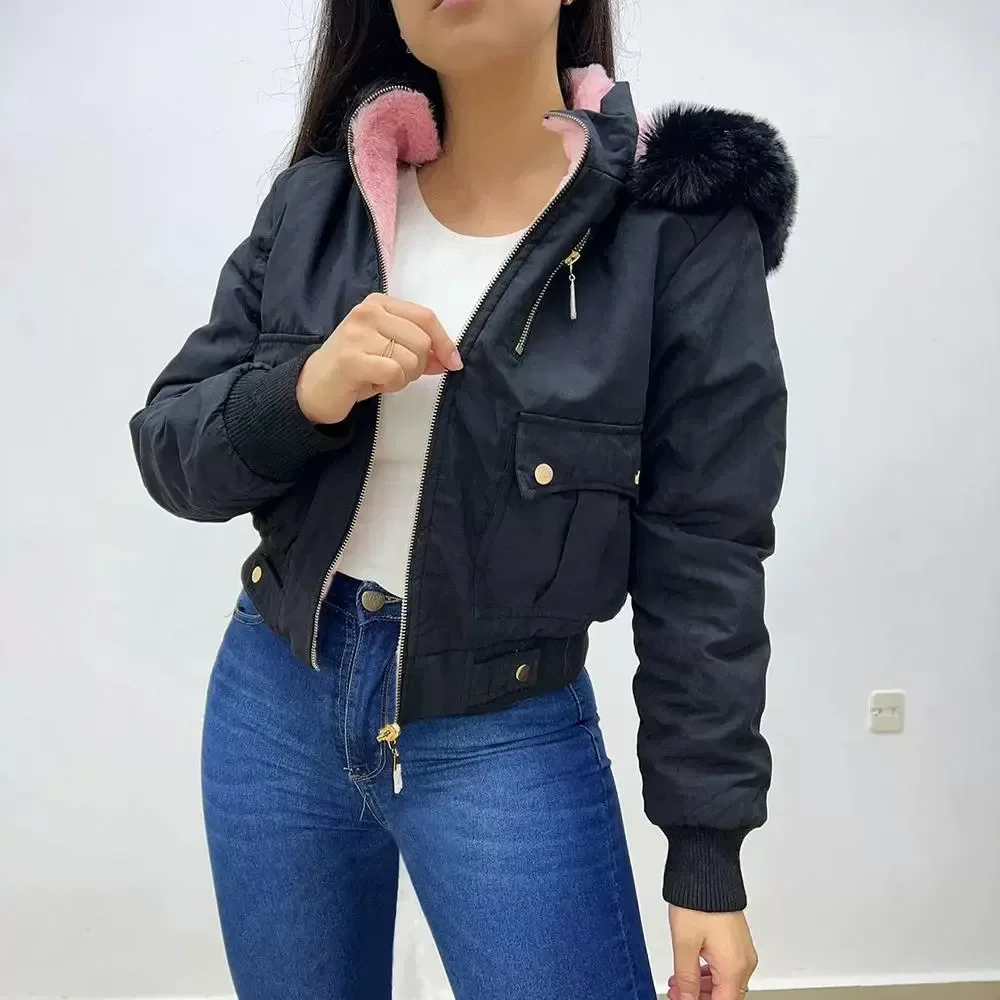 

Winter New Casual Women Jacket Streetwear Short Workwear Hooded Bag Zip Up Pocket Design Lined Female Thickening Coats