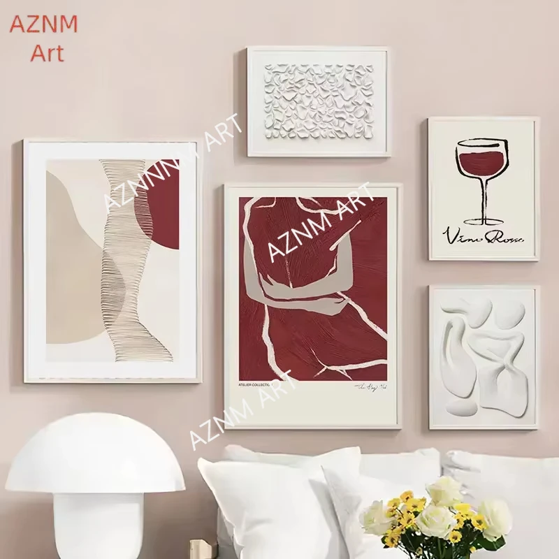 Moderner abstrakter Leinwanddruck mit Rotwein-Linienmuster und weißem Umarmungs-Wandkunstdesign – dekoratives Poster für Wohnzimmer und Salon