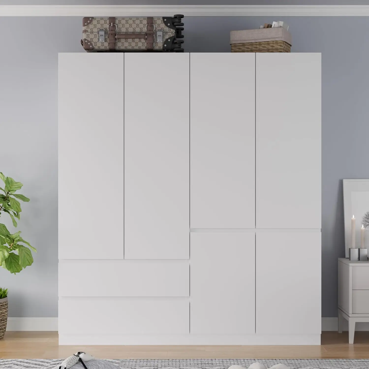 White Wooden Wardrobe Closet With 4 Doors 2 Drawers Shelves Hanging Rod, Bedroom Storage 63
