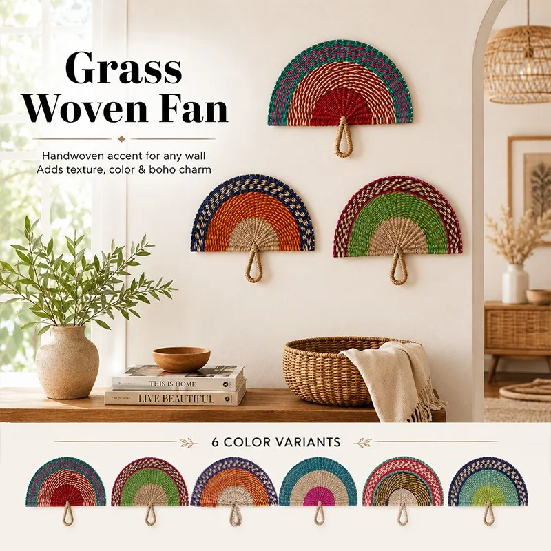 22X28CM Handwoven Grass Fan Natural Seaweed Straw Fan Boho Style Rainbow Wall Hanging Decor for Home