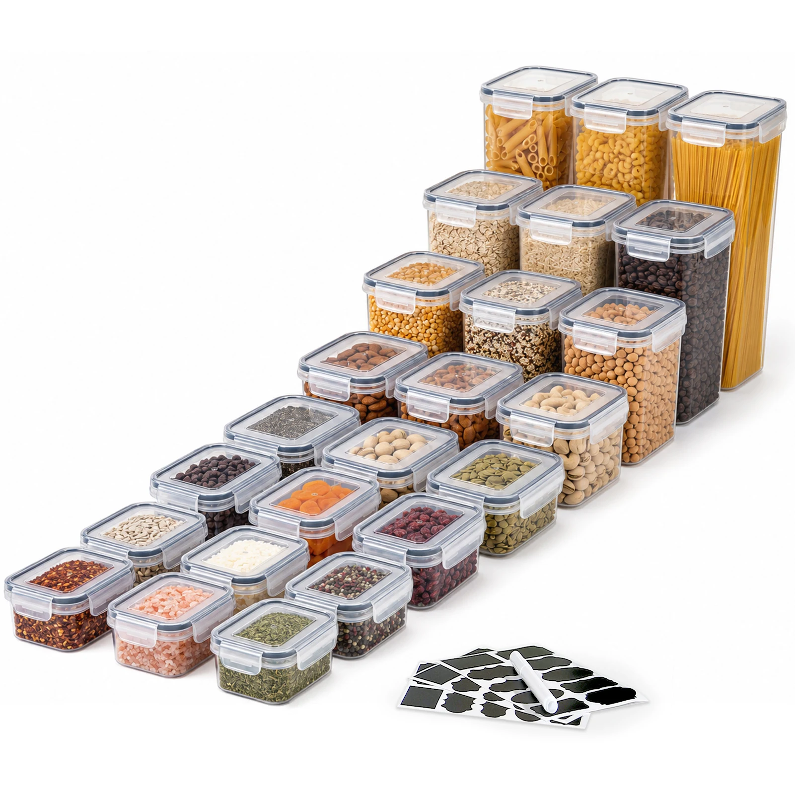Vorratsdosen Kunststoff Set Luftdicht, 24 Stück Frischhaltedosen mit Deckel für Küche & Speisekammer, BPA-freie Mehldosen Müsli Boxen, Nudelbox Nudeldosen, Inklusive 30 Etiketten & Stift