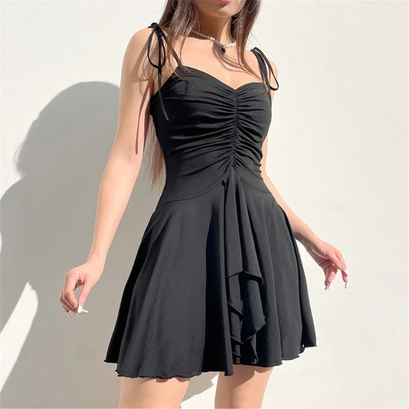 Vestido corto para mujer, vestido informal con volantes y estampado sin mangas, vestido corto con tirantes finos, para