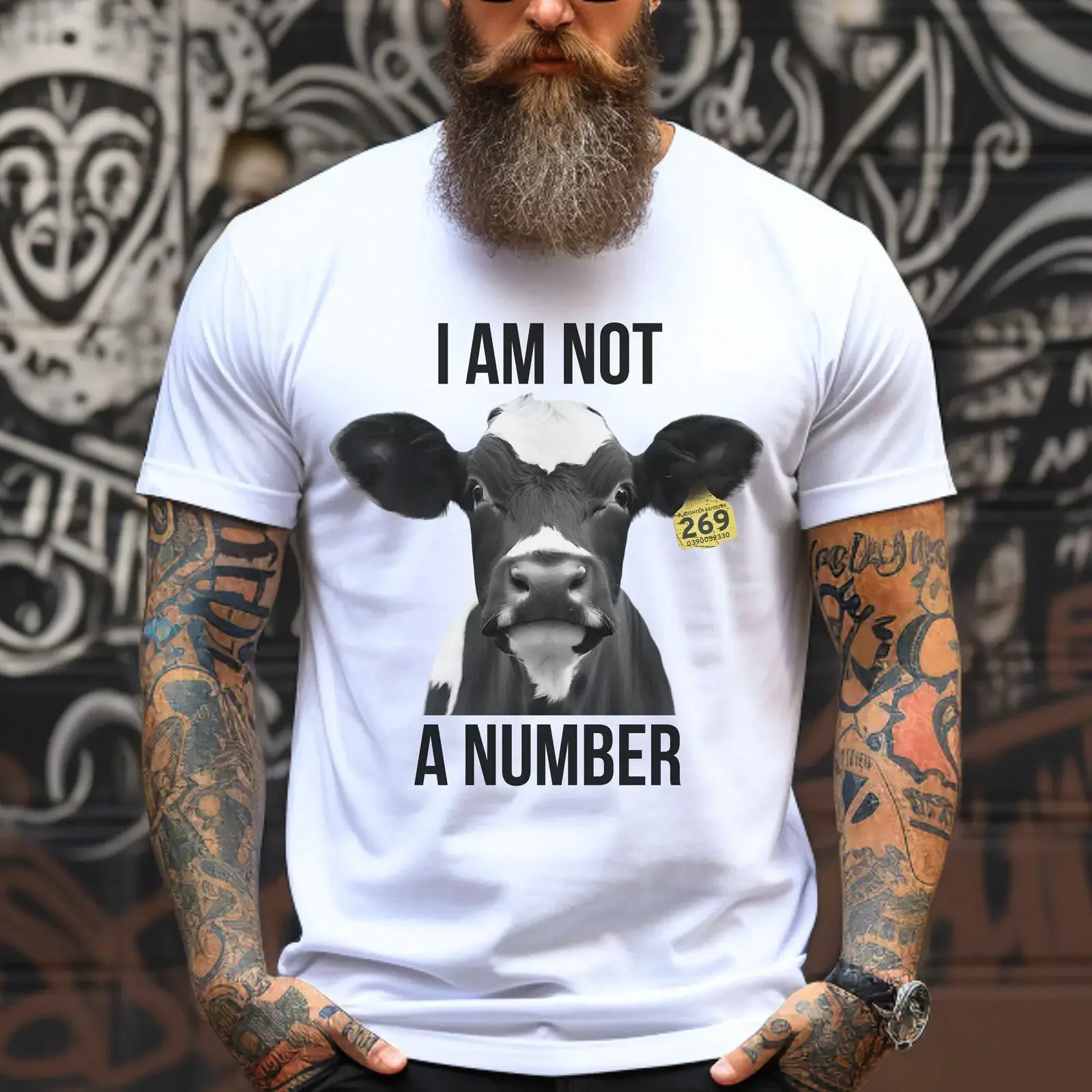 Vegan Animal Activism T Shirt I Am Not A Number Cow PrinT Liberation Casual vintage Washed homme Top For Everyday Wear