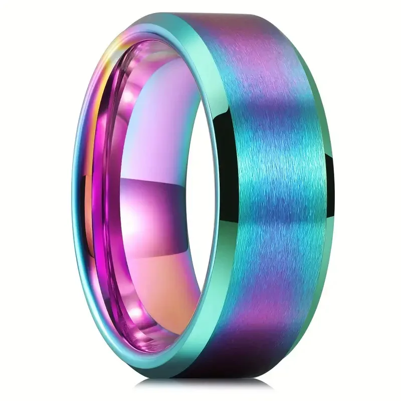 Simple 8mm Rainbow Color Stainless Steel Rings For Men Women Colorful Matte Brushed Men Rings Wedding Band Jewelry Drop Shipping