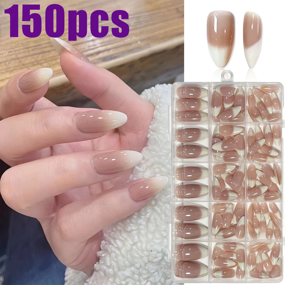 150Pcs/Box Warm Mocha Nude Almond Nail Tips Baby Boomer Ombre Glossy Press On False Nails Multi Sizes Autumn Winter DIY Manicure