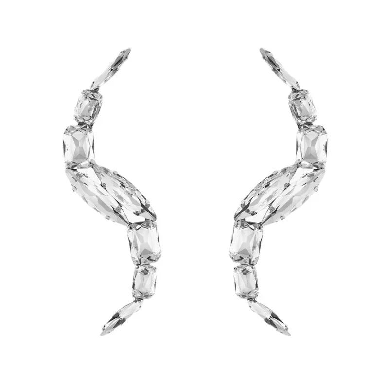 Exaggerated Rhinestone S-shaped Ear Clip Cuff Earrings Wedding Jewelry for Women Luxury Crystal Geometric Femme Clip Earrings