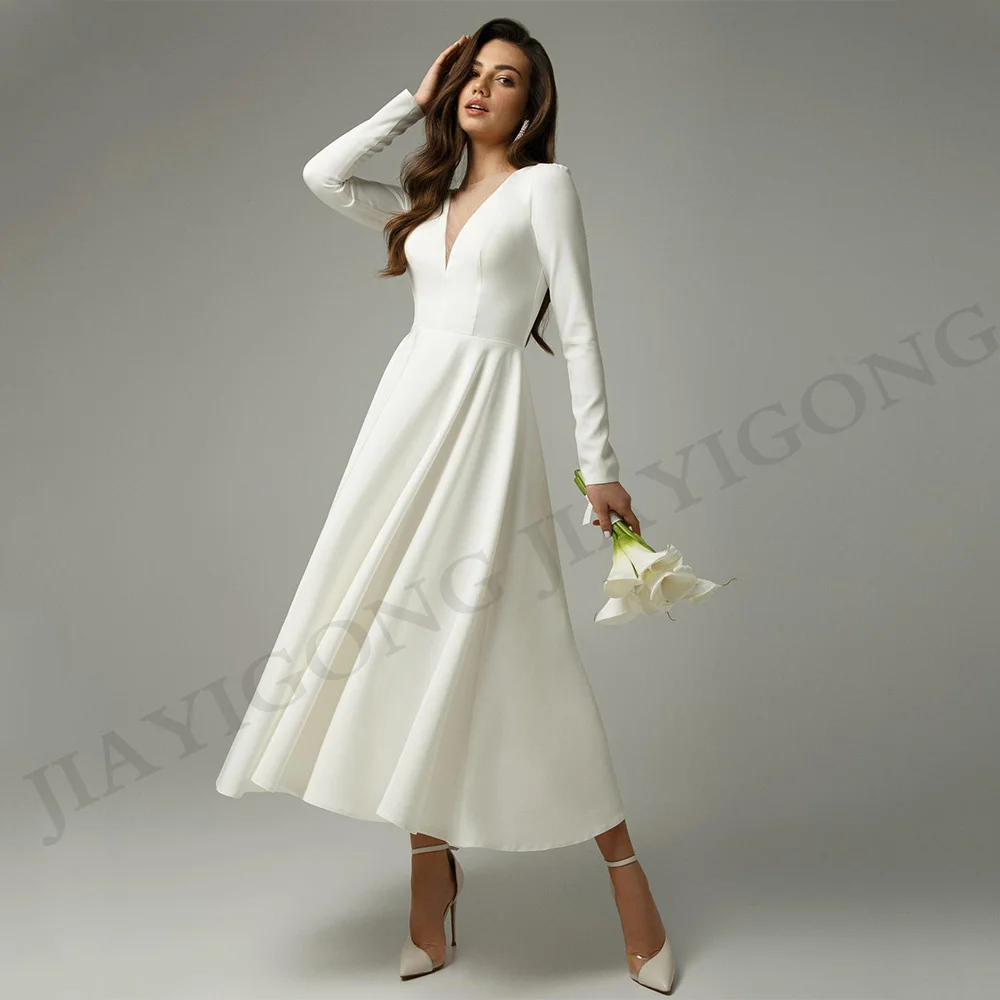 Tea Length Wedding Dress Customized Long Sleeves V Neck Simple Jersey A Line Short Bridal Gown Modest Civil Bride Dresses