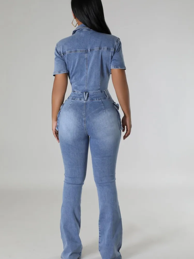 JRRY Sexy Women Denim Jumpsuits Short Sleeve Turn Down Collars Buttons Pockets Flared Pants Denim Bodysuit