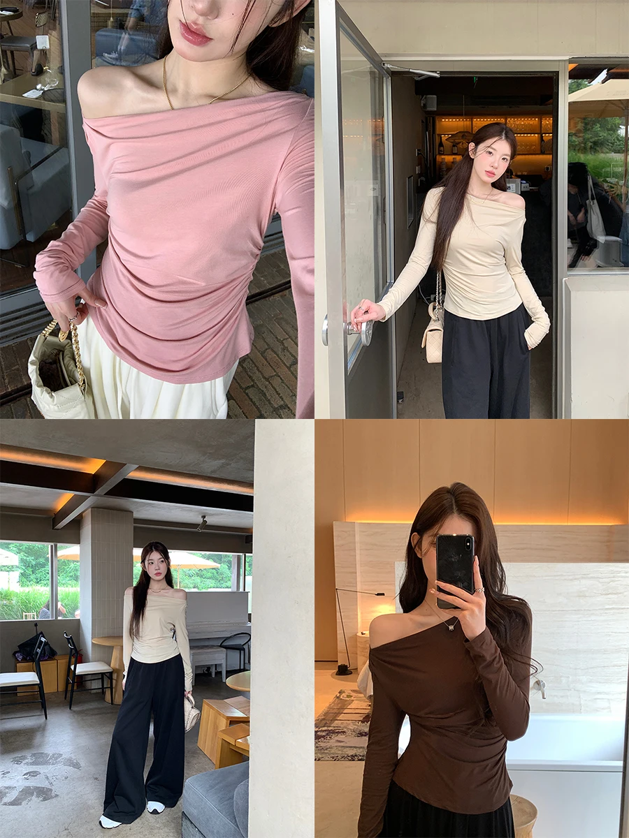 

x Stevens Design Sensation oulder Bared Long Sve Thin T irt Women's Autumn Top Open Collar Base irt Commute Sle