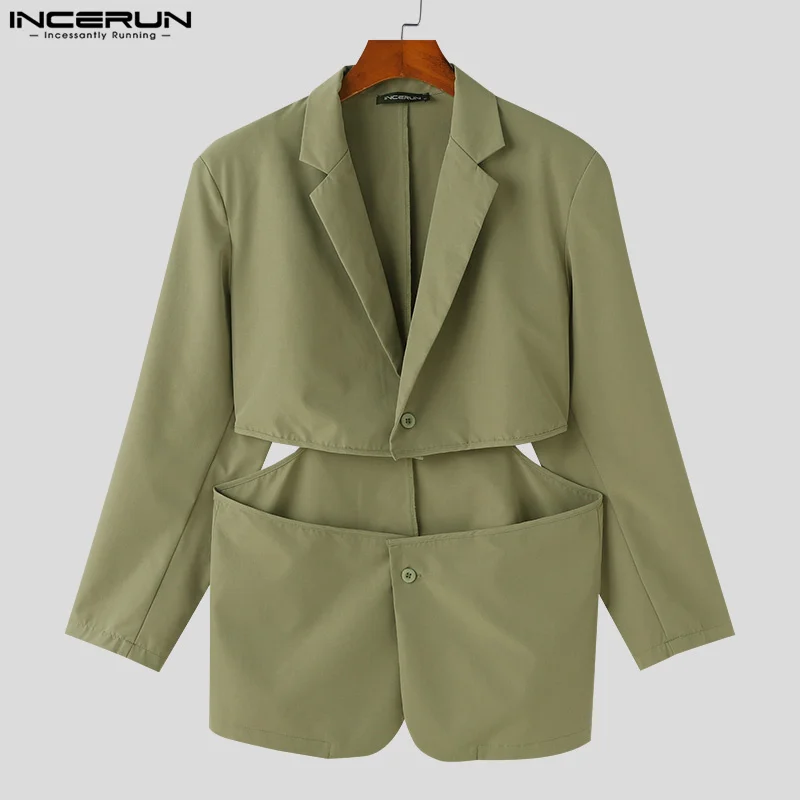 INCERUN Men Blazer Solid Color Hollow Out Lapel Long Sleeve Button Casual Irregular Suits Men Streetwear 2024 Fashion Male Coats