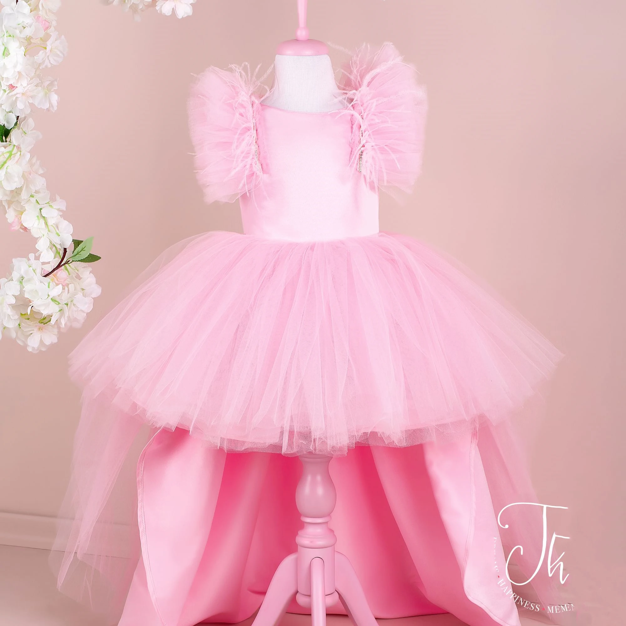 

Pink Flower Girl Dress For Wedding Satin Tulle Feathers Puffy Kids Birthday Party Ball Gown First Communion Dress 2024