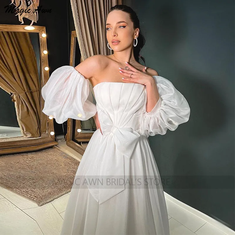 Abiti da sposa Vintage in Organza magica Awn 2022 maniche a sbuffo staccabili senza spalline abiti da festa di nozze semplici A-Line per le donne