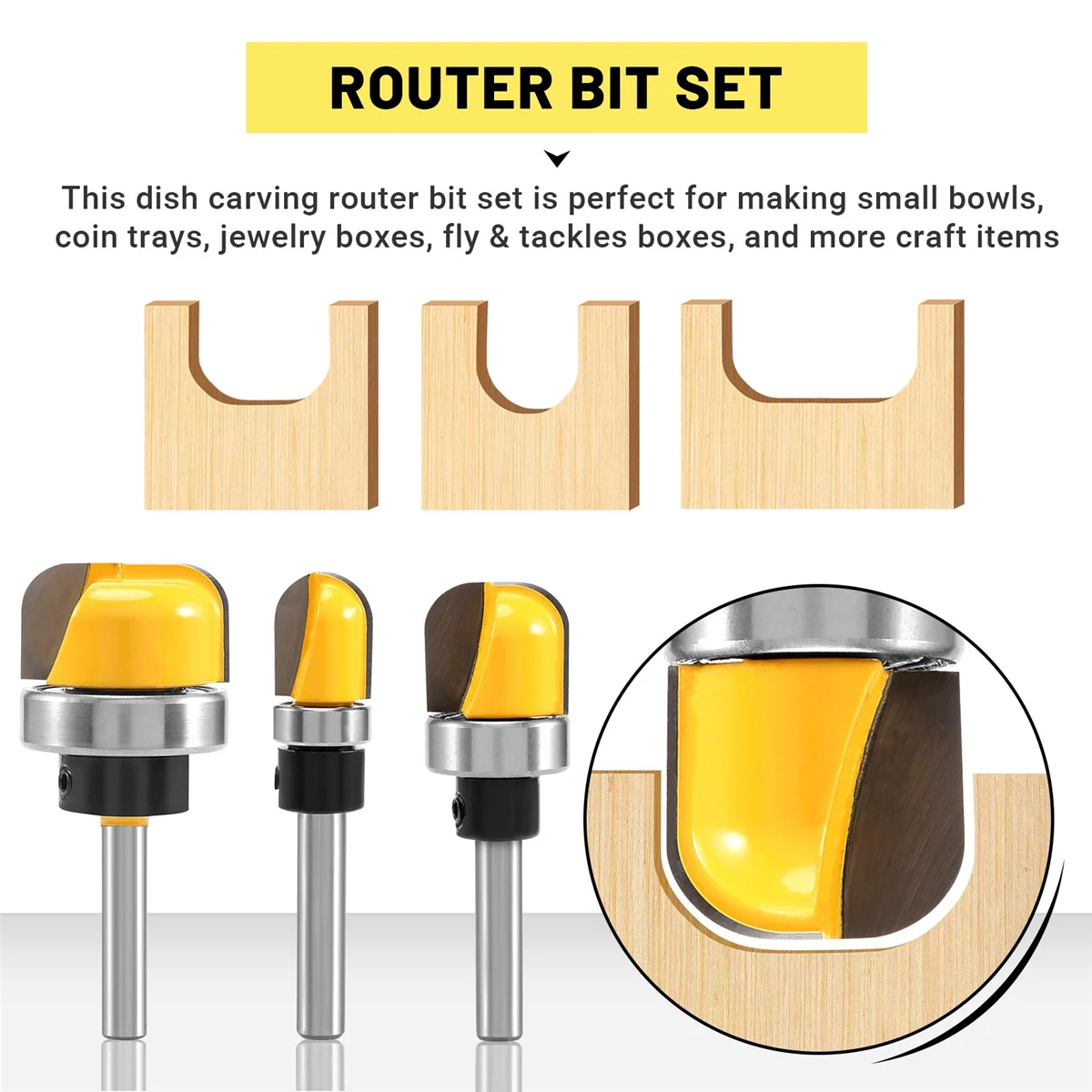 3ชิ้น1/4นิ้วก้านชามและถาดเราเตอร์บิตเทมเพลตชามและถาดเราเตอร์ชุดบิตพร้อมตลับลูกปืนลูก