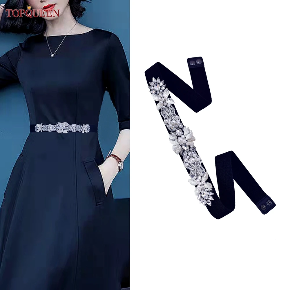 

TOPQUEEN S65 Women'S Clothing Accessories Delicate Diamond Rhinestones With Silver Leaf Black Stretch Belt Women'S Party Eveni