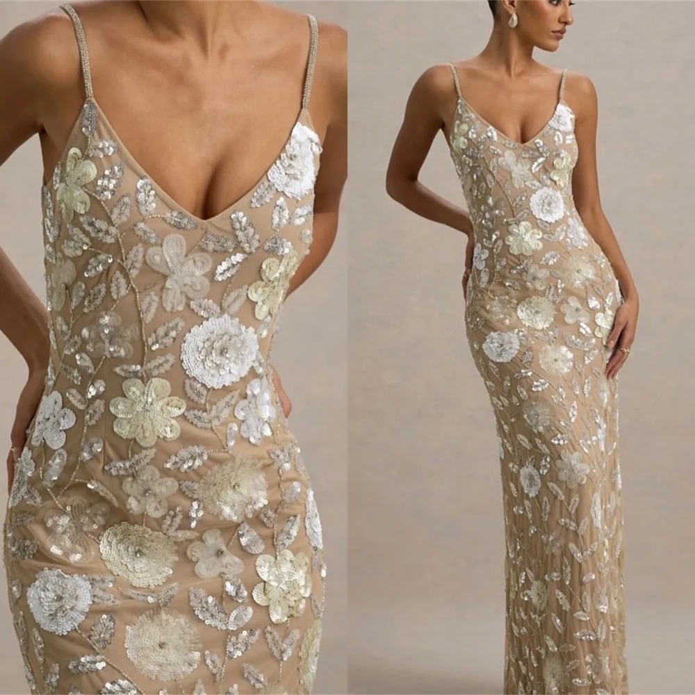 Vestido de noche delicado personalizado de Jersey de color marfil, elegante vestido de cóctel con tirantes finos y cuello en V, exquisito vestido de fiesta con cremallera en la espalda