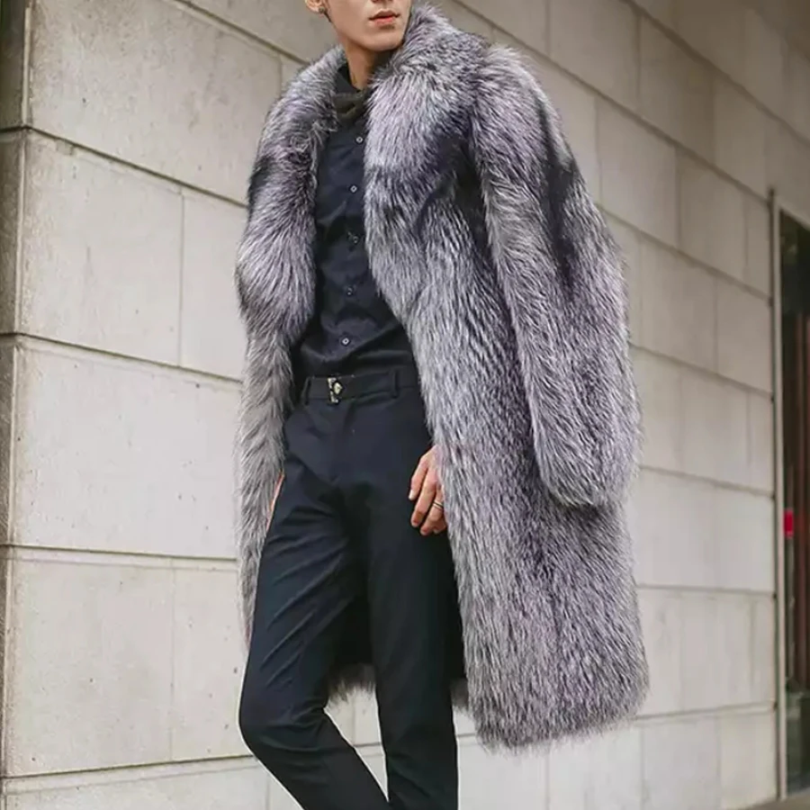 New Men\'s Genuine Real Sliver Fox Fur Long Fur Coat Natural Fox Fur Knee-Length Winter Warm