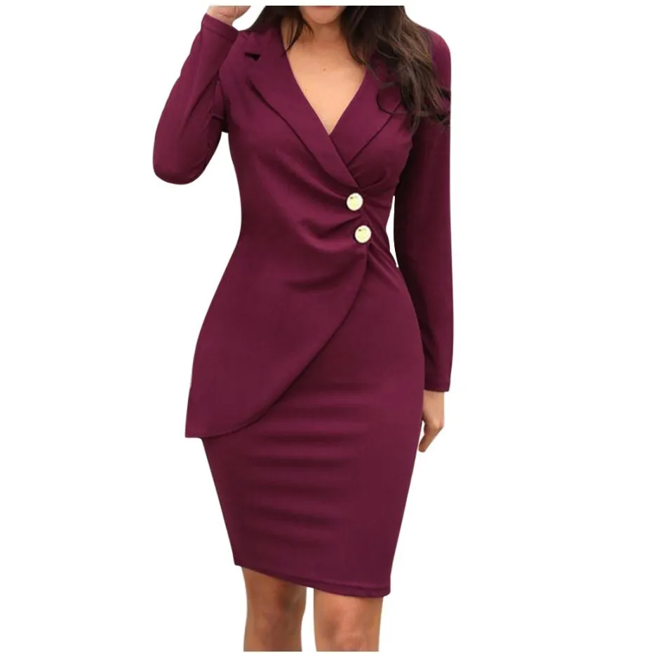 Spring Autumn Women's Slim Fit Bodycon Buttoned Professional Dress Professional Business Style Office Dresses Work Vestidos