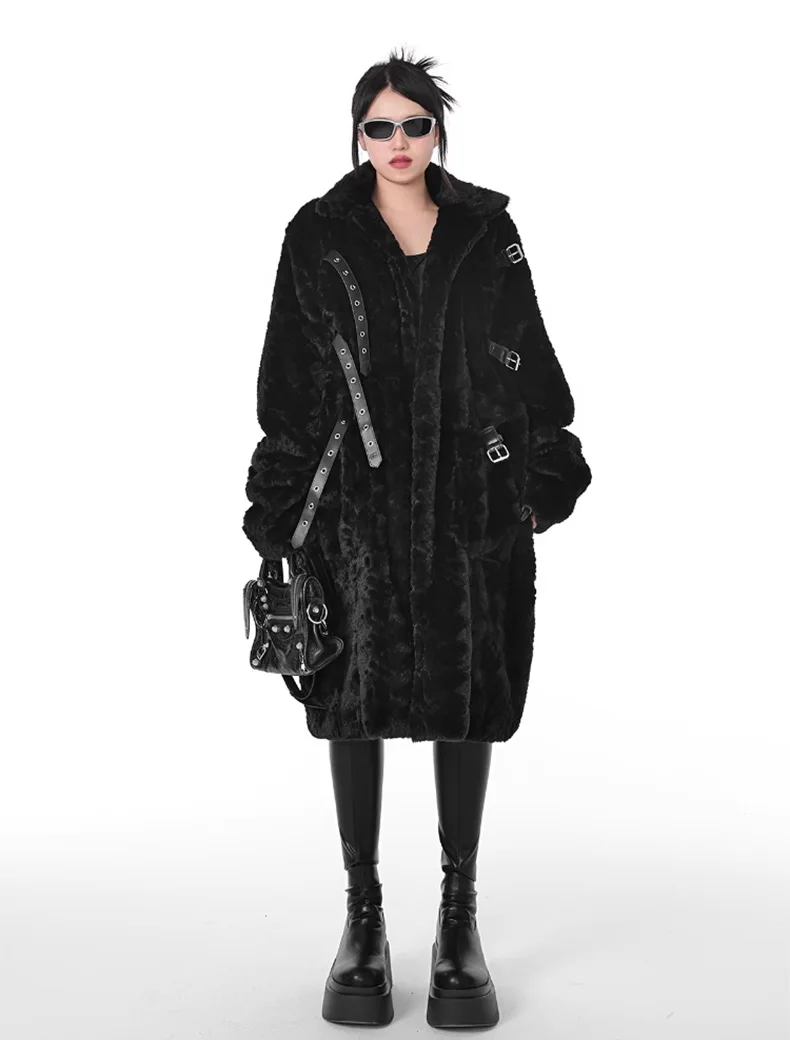 Lautaro Winter Cool Long Loose Casual Soft Thick Warm Black Fuzzy Faux Fur Coat Women Stand Collar Punk Style Fluffy Jacket 2023