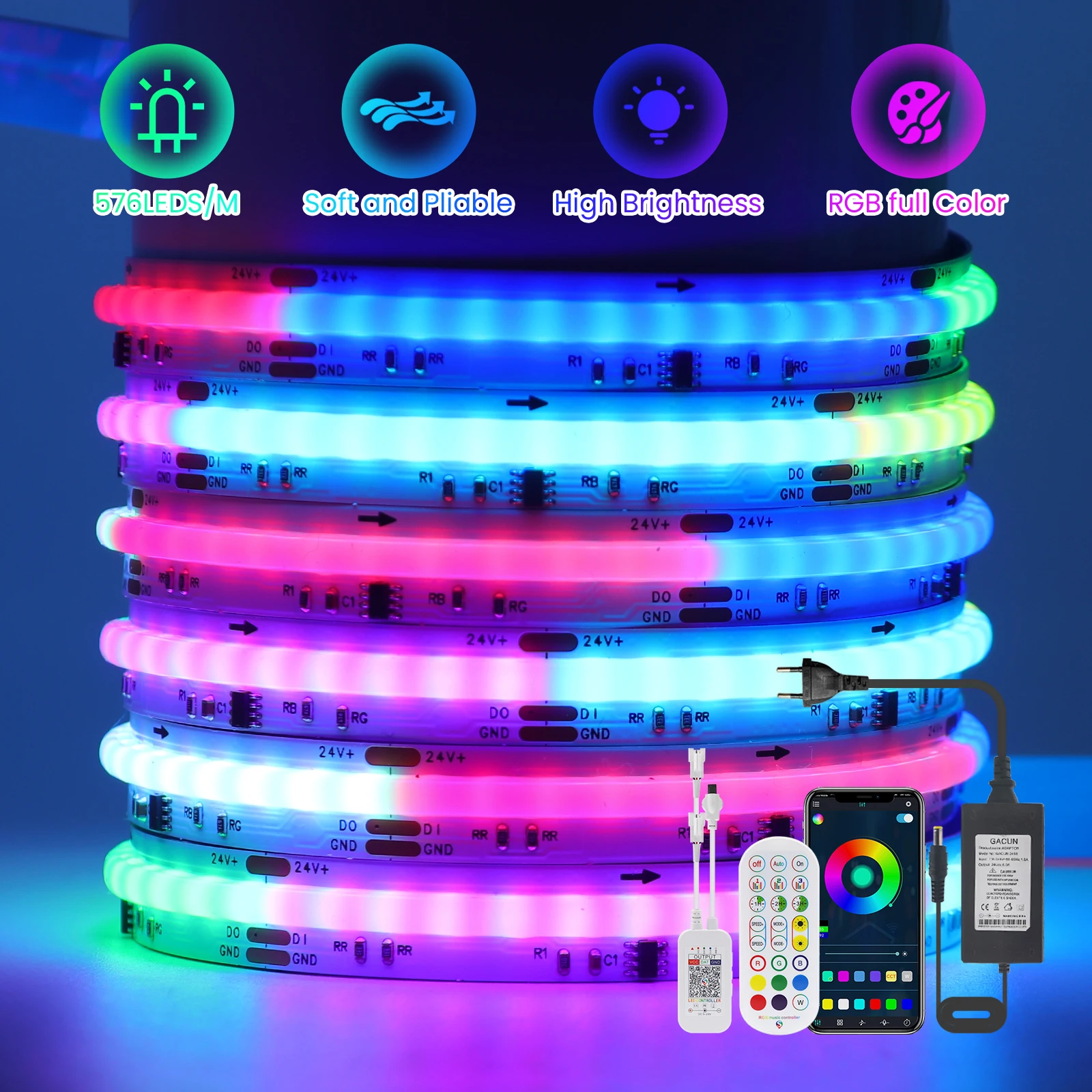 

12V 24V WS2811 Dream Color COB RGB LED Strip WIFI Bluetooth APP Control TV BackLight Room Decor 576 Pixel Flexible Ribbon Light