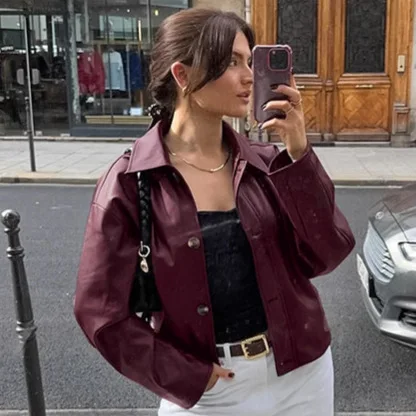 

Бордовая матовая осенняя женская куртка с воротником с лацканами, однобортное женское пальто, мотобайкерская верхняя одежда в корейском стиле для женщин