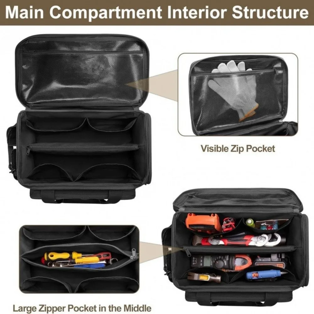 Portable Men Tool Storage Bag Black Heavy Duty Hand Tool Bag Polyester Large Capacity Work Handbag