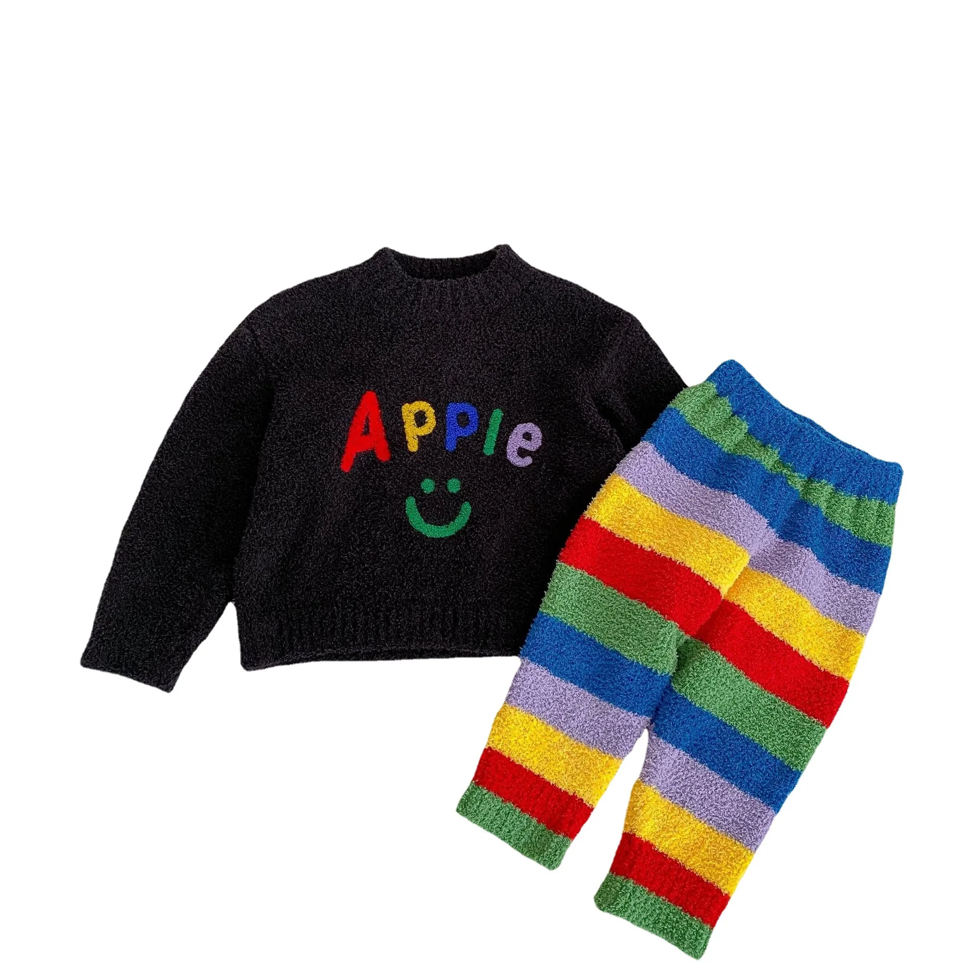 2024 Winter Children Girls 2PCS Clothes Set Cotton Warm Smiling Pullovers Rainbow Striped Trousers Kids Girls Loungewear Outfits