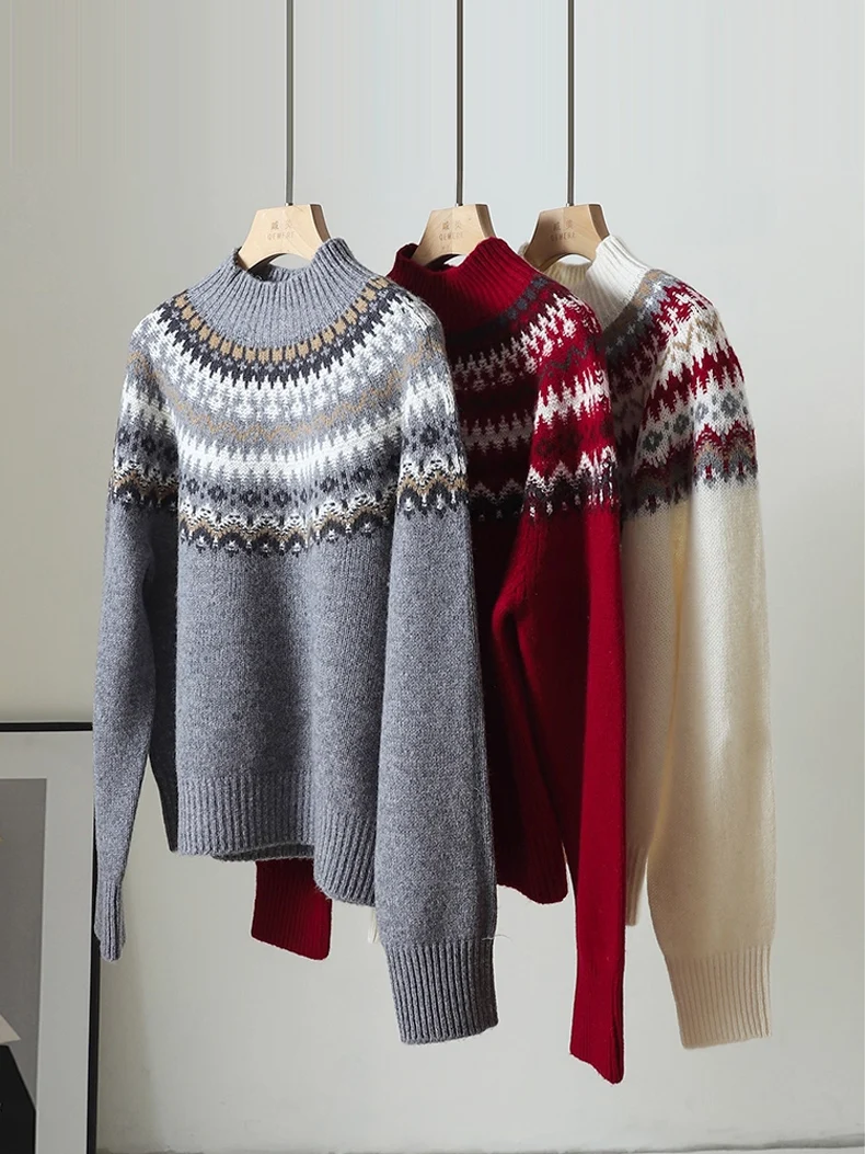 SuyaDream، سترة عيد الميلاد النسائية، صوف الأغنام 100%، رقبة وهمية، بلوفرات جاكار دافئة، بلوزة محبوكة لخريف وشتاء 2025، أحمر، رمادي #4