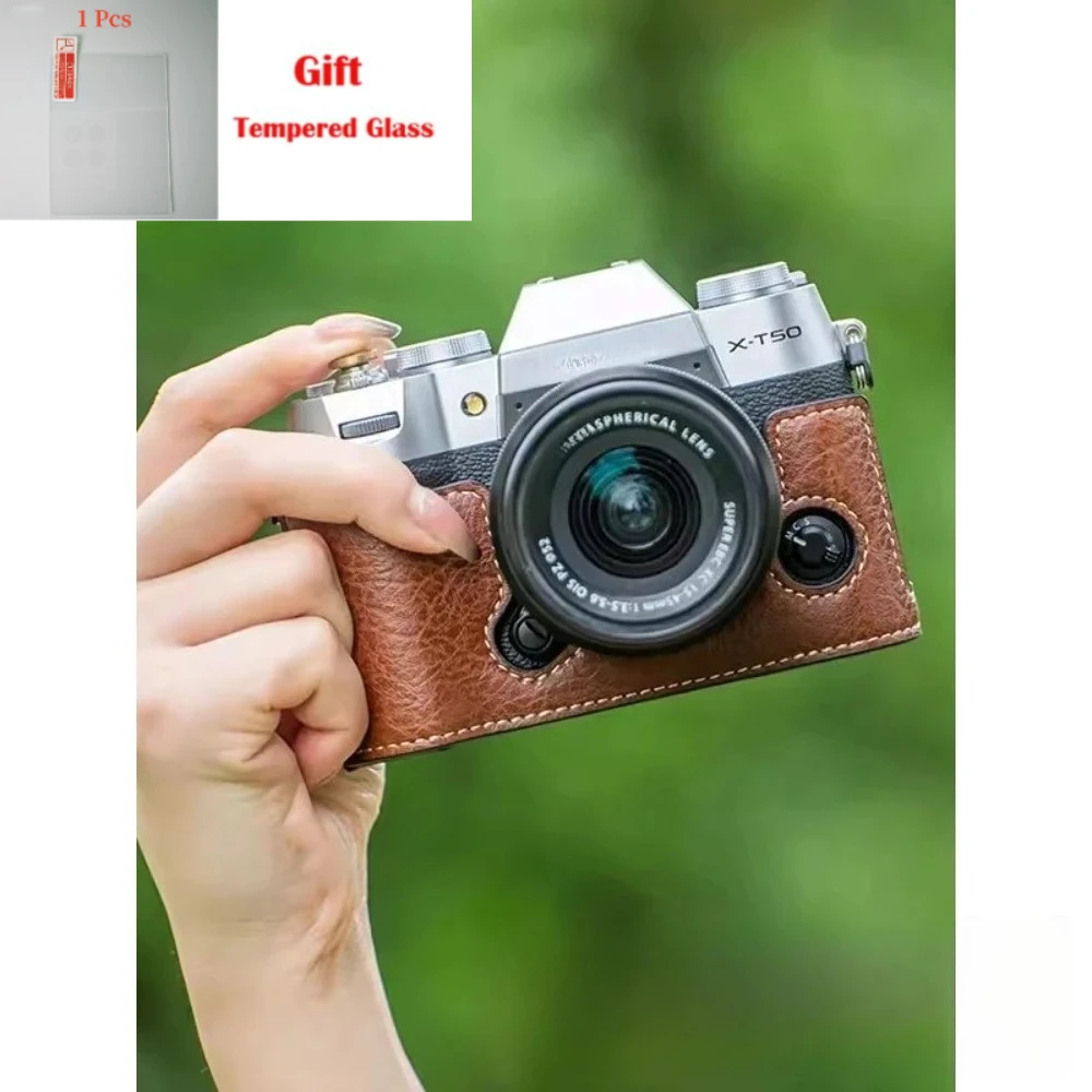 For FUJIFILM XT50 PU Leather Case X-T50 Micro-single Portable half set,Shoulder camera bag Case+1PCS Free Tempered Film