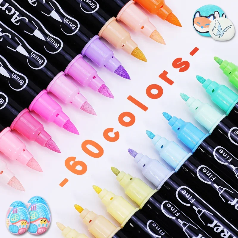 New 66 Colors Double Nib Opaque color Acrylic Marker Pen Waterproof Pens Soft Brush Nib Art Markers School Supplies Stationery