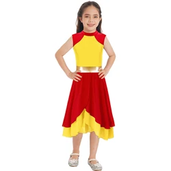 Kids Girls Color Block Ballet Dance Dress Mock Neck Sleeveless High-low Hem Praise Lyrical Dance Dress Performance Competition