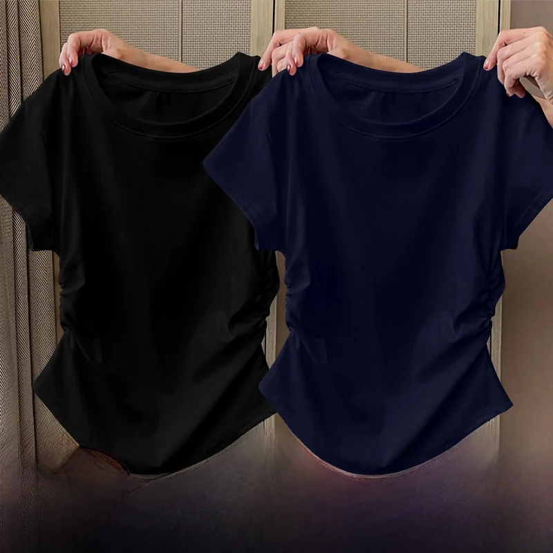 Women's Short Sleeve T-Shirt Ribbed Waist Slimming Summer Fashionable Commute Friendly Versatile Top Korean Style Regular Fit