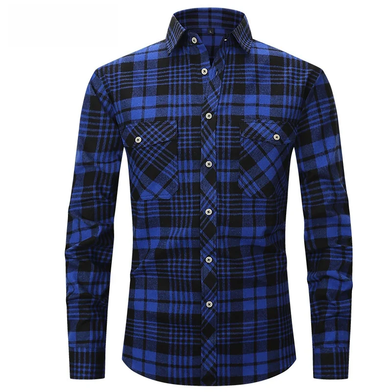 

Spring Autumn Men's Fashion Casual Slim Fit Brushed Plaid Shirt Plus Size Long Sleeve Double Pocket Checkered Shirt Coat