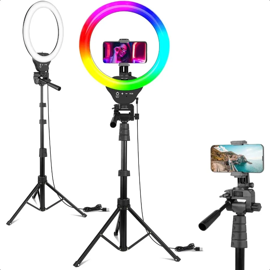 

Eicaus 12 RGB Ring Light with Tripod Stand and Phone Holder Selfie LED Lighting with 62 Phone and Stand 15 Color Effects for Vi