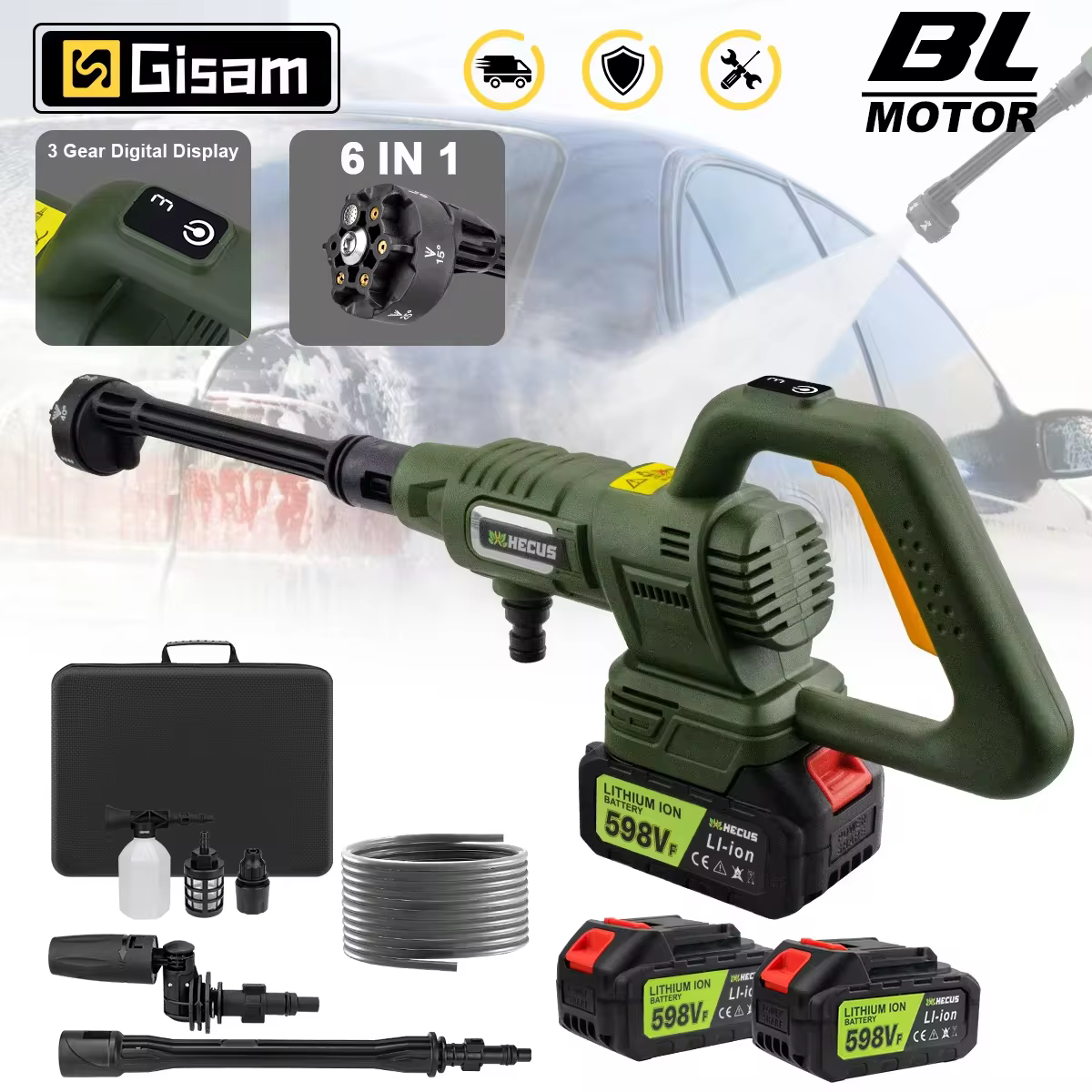 Hidrolavadora Eléctrica de Alta Presión sin Escobillas de 200 Bares y 3 Velocidades con Pantalla Digital, Pistola de Lavado de Autos, Pistola de Agua para Jardín, Compatible con Batería Makita de 18V