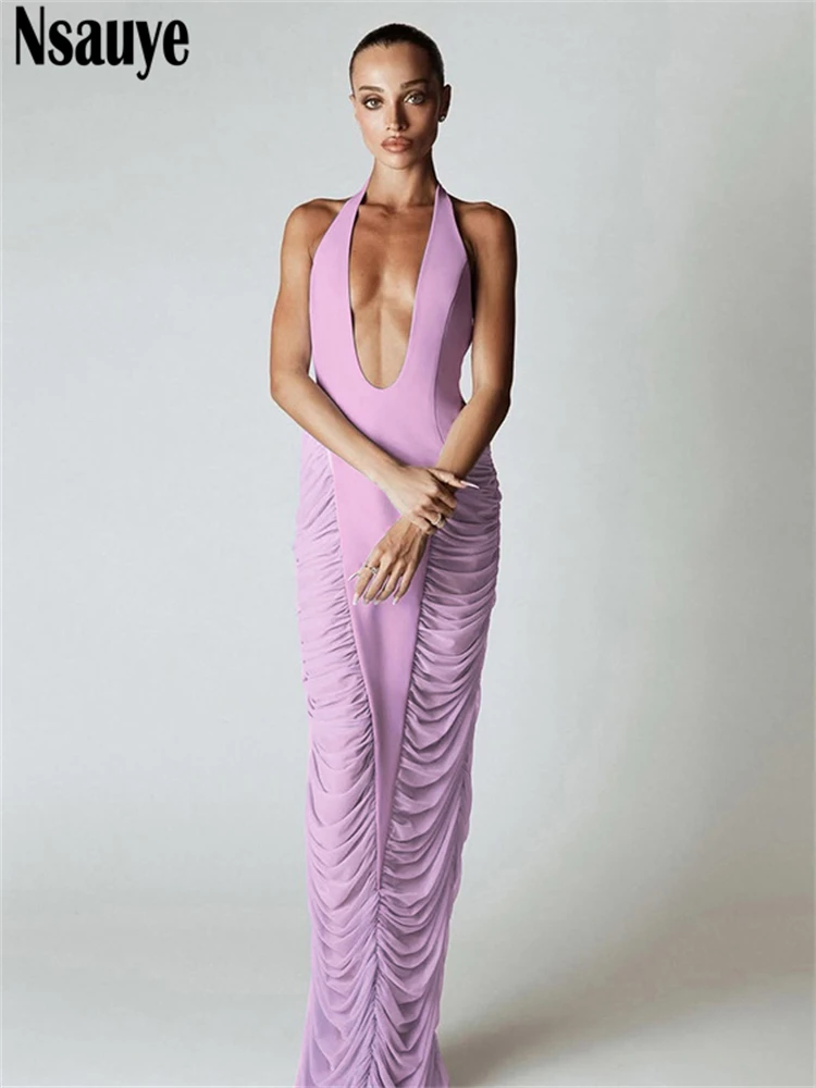 Nsauye Donna Sexy Elegante Sera Vacanza Festa Night Club Maxi Abito Lungo Maglia Increspato Estate Taglio Basso Abito Senza Maniche 2025