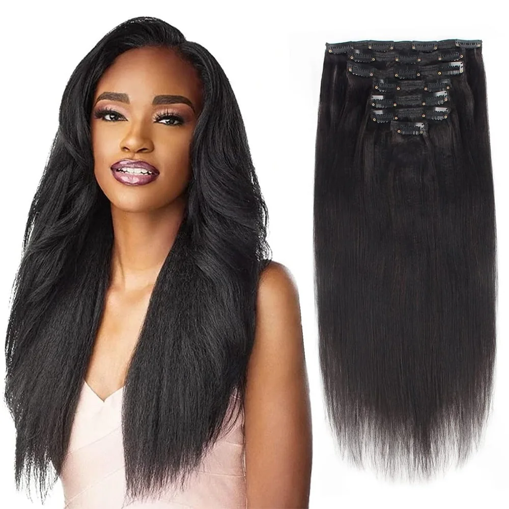 

Kinky Straight Clip ins 8 шт., 100 г, 26 дюймов, зажим для наращивания волос, настоящие человеческие волосы Yaki, прямой зажим для чернокожих женщин