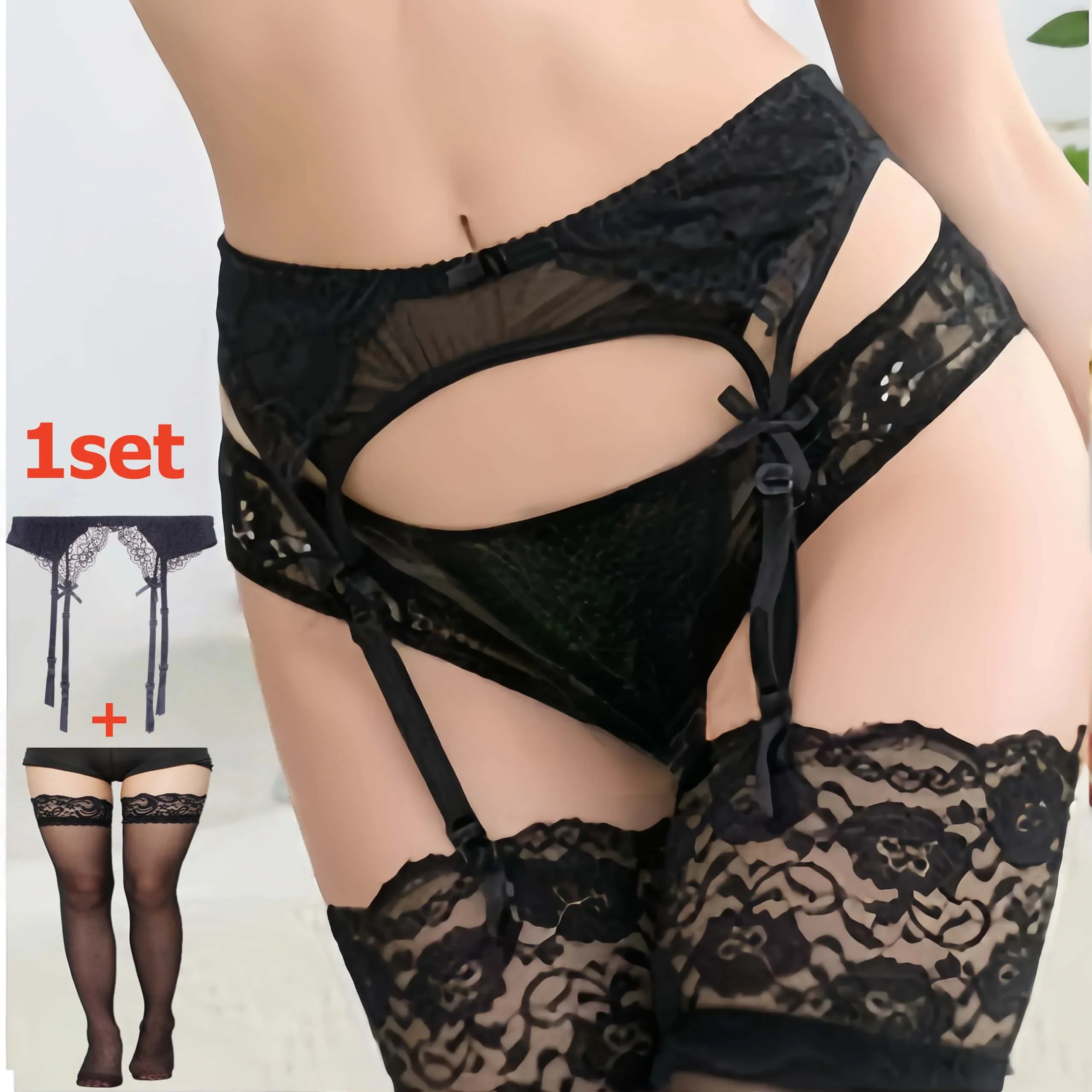 2PCS Women's Suspender Lace Stockings and Garter Belt Pantyhose Set Fishnet Sheer Sexy Over Knee Long Socks Tights plus size XXL