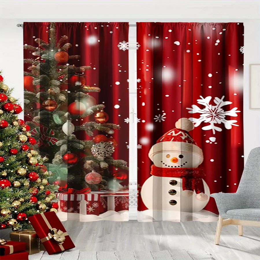 2PCS Red Christmas Snowman Print Curtains, Xmas Tree Gift Box Snowflake Window Drapes for Holiday Bedroom Living Room Home Decor