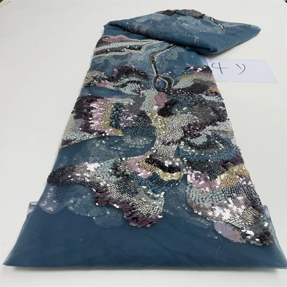 

French African Groom Lace Fabric Beaded High Quality Embroidery For Women Wedding Dress Nigerian Sequin Lace Fabric 4 Yards