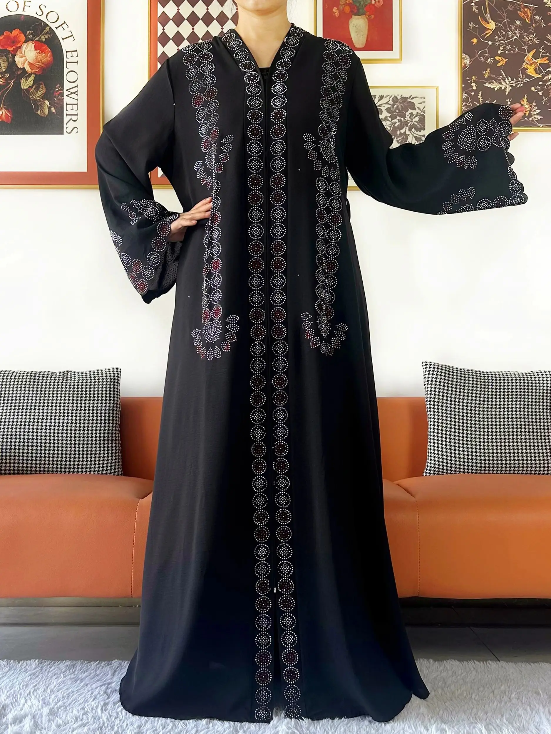 Muslim Ramadan Fashion Long Sleeve Dress Rhinestones Cardigan Muslim For Women Open Abaya Dubai Caftan Islamic Kimono Clothing