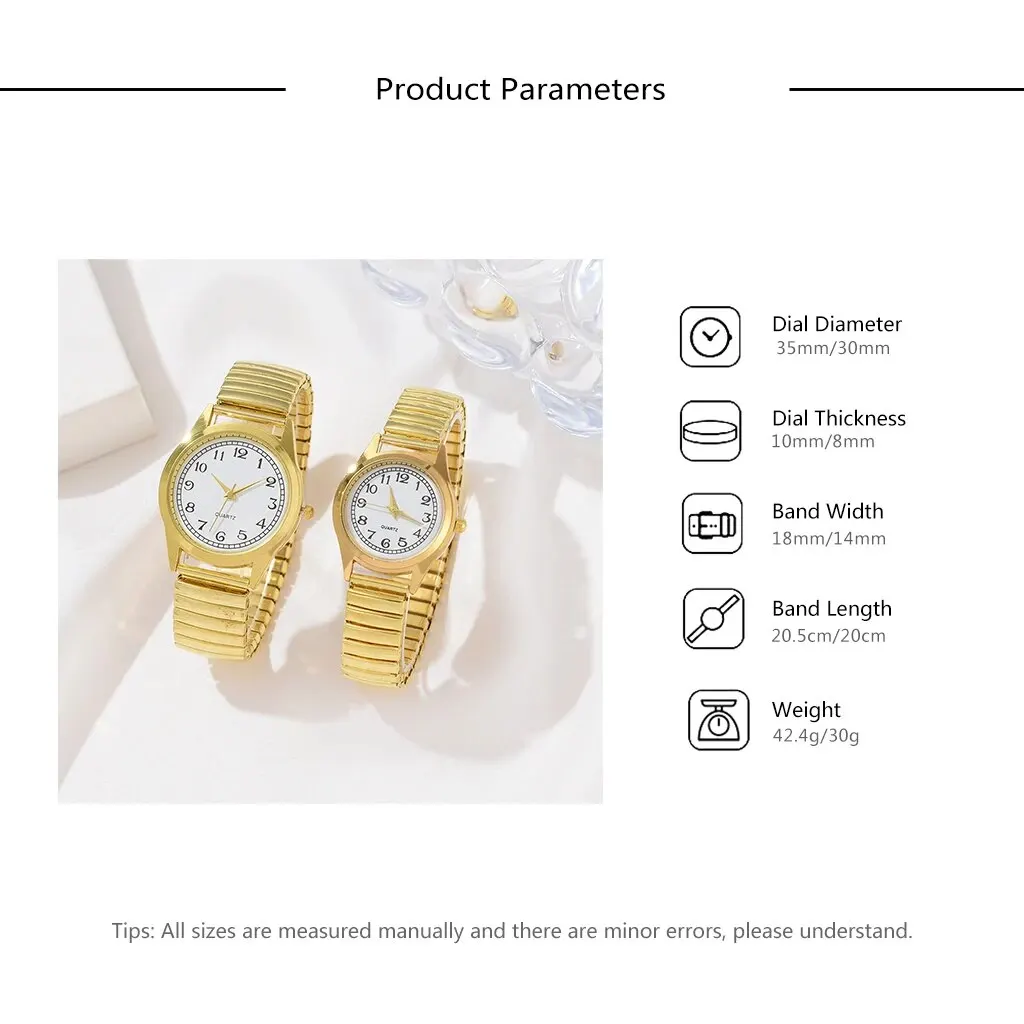 2 PCS Of Gold Retro Round Pointer Quartz Watch Classic Simulation Elastic Band Watch Suitable For Both Male And Female Couples