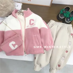 Autumn Winter Children Girl 2PCS Clothes Set Letter Splice Zipper Woolen Coat Rabbit Love Jogger Pant Kid Girl Outfit Velvet Bag