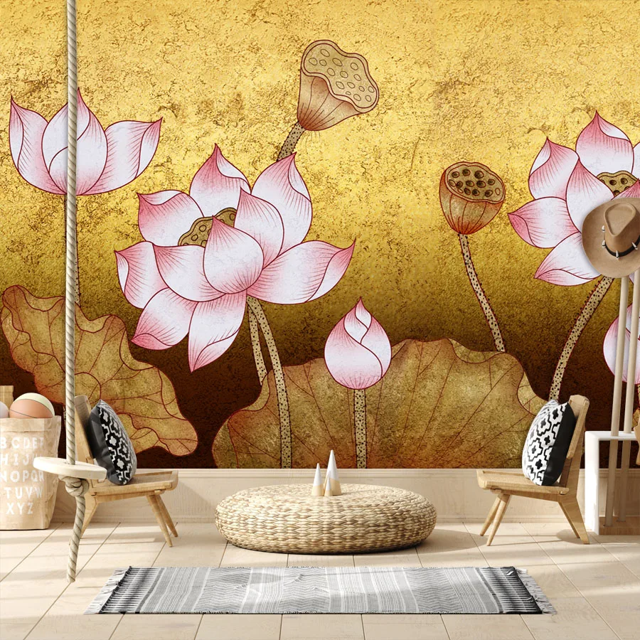 

Custom Peel and Stick Accepted Wall Papers Home Decor Luxury Flower Lotus Water Lily Wallpapers for Living Room Murals Printing