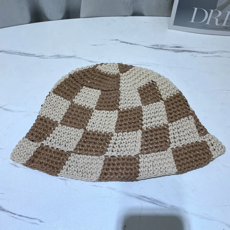 Women Knitted Lattice Fisherman Hat Handmade Crochet Color Matching Basin Hat Spring and Autumn Knitted Sunscreen Sun Hat