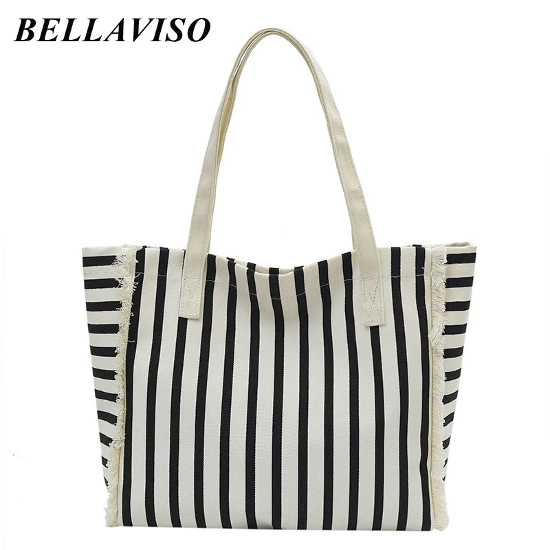 

BellaViso Simple Summer Women's Canvas Tote Bag Female's Casual Large Capacity Stripes Travel City Shopper Shoulder Bags BLCB-31