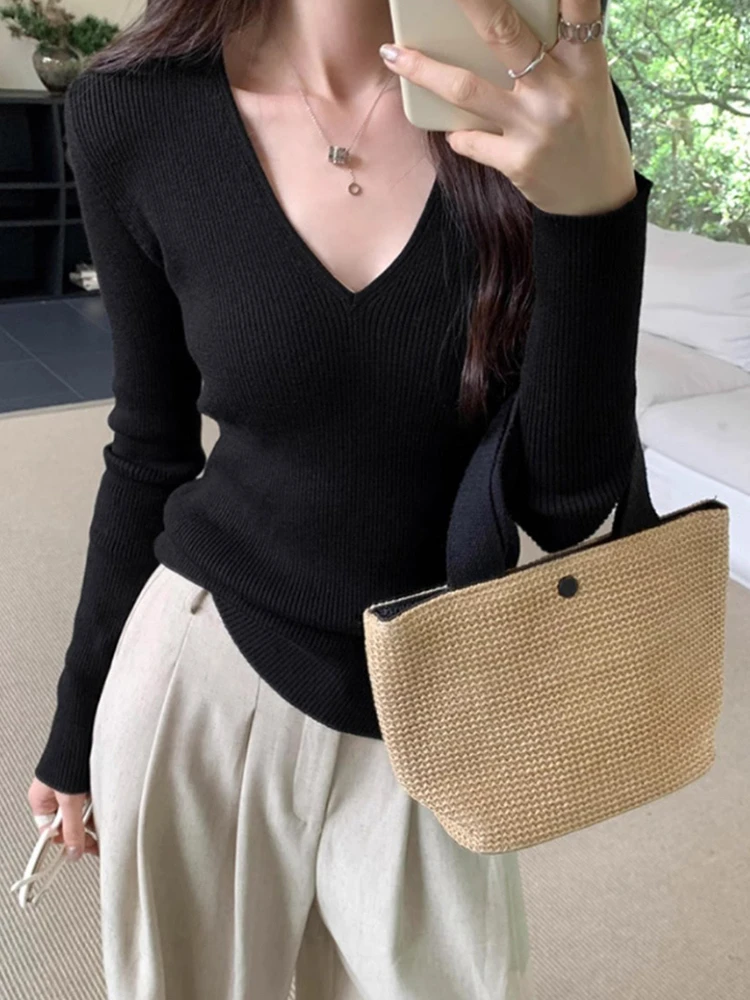 

Шикарный вязаный свитер V-Ne, женский базовый слой irt Bla, сексуальный топ для девочек, корейский топ Sweet Fit pe Long Sve Winter Faion