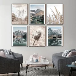 Natural Landscape Canvas Painting Nordic Dandelion Hay Mountain Lake Poster Living Room Bedroom Wall Picture Decoration No Frame