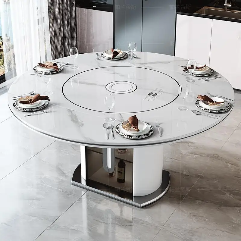 2025 new rock slab round dining table multi-functional retractable dining table with induction cooker vegetable warm
