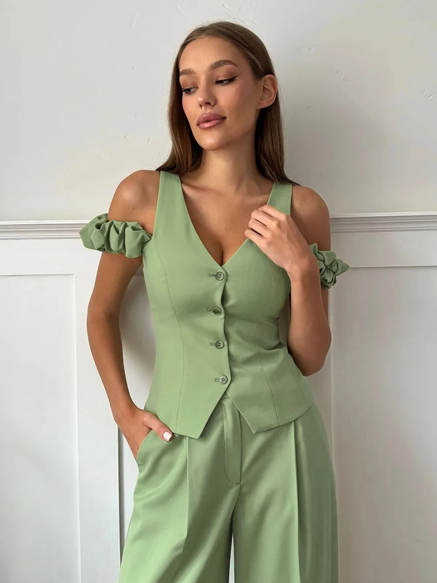 

Marthaqiqi Fashion Female Nightgown Set Sexy V-Neck Sleepwear Tank Tops Pajama Crop Top Nightwear Pants Green Women Nightie Suit